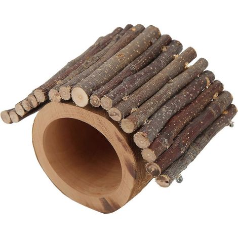 Trou en bois pour hamster, tunnel en bois de pommier naturel avec toit pour petits animaux de compagnie (1/3)