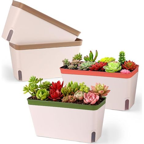 lalago 4er-Set selbstbewässernde Blumentöpfe, 27 cm große Kunststoff-Pflanztöpfe, rechteckige Gartenblumen-Bonsai-Töpfe - mit Wasserstandsanzeige und verdeckter Abflussschale (bunt) (1/5)