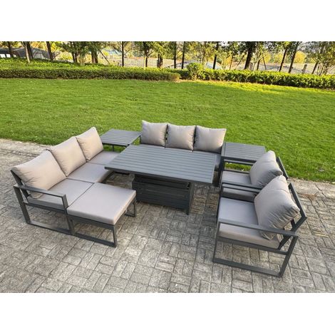 Fimous Garden Aluminium Furniture Set Dark Grey 9 Seater Outdoor Patio Adjustable Rising Lifting Dining Table with 2 Chairs 2 Side Tables Big Footstool Dark Grey (1/5)