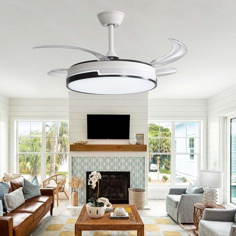Ventilador de techo moderno blanco con 4 aspas retráctiles – Luz LED de 96 W, regulable, 6 velocidades, funcionamiento silencioso con mando a distancia – 107 cm (1/5)