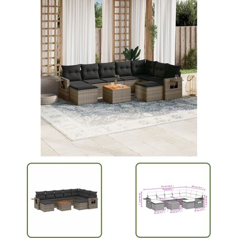 The Living Store 10-tlg. Garten-Sofagarnitur mit Kissen Grau Poly Rattan - Gartenmöbel Set - PE-Rattan Möbel - Outdoor Lounge - Esszimmergarnitur - Balkonmöbel (1/3)