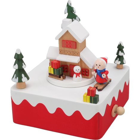 Boîte à musique tournante en bois artisanal - Décoration de Noël avec traîneau et bonhommes de neige - Idée cadeau fêtes (1/5)
