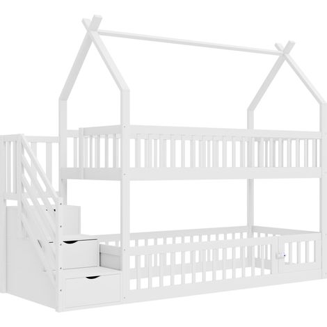 Lit superposé enfant 90x200 en bois massif avec toit, escalier de sécurité et tiroirs de rangement, lit simple avec rangement, blanc (1/5)