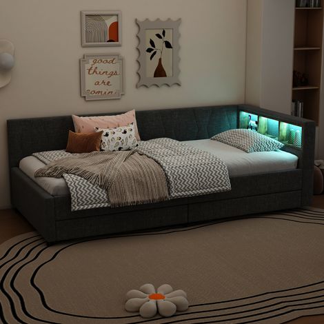 Canapé-lit jour 90x200cm, sommier à lattes intégré, rangement 2 tiroirs, plateau USB+Type C, lin gris, sans matelas (1/5)