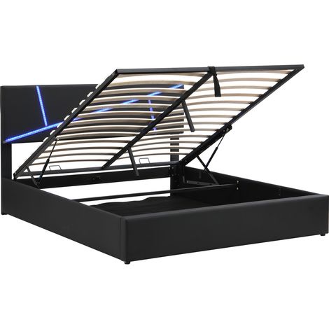 Lit coffre rembourré 140 x 200 cm avec LED, sommier à lattes, relevable hydraulique, PU noir (1/5)