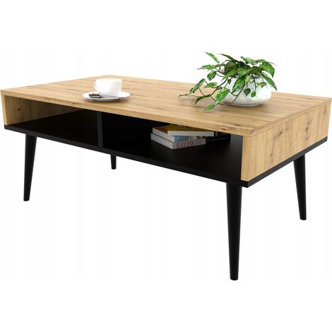 Table basse scandinave, banc en chêne/noir avec étagère (1/5)