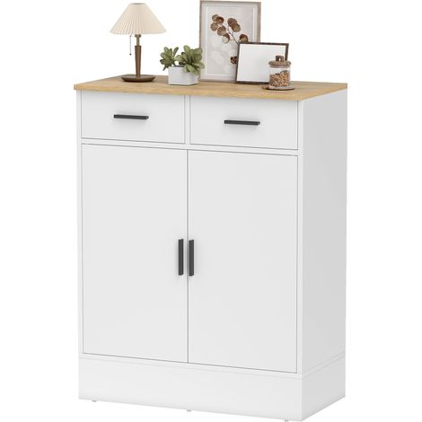 Buffet avec espace de rangement, commode à 2 tiroirs, étagère réglable, pour cuisine, salon, entrée, bois naturel, blanc (1/5)