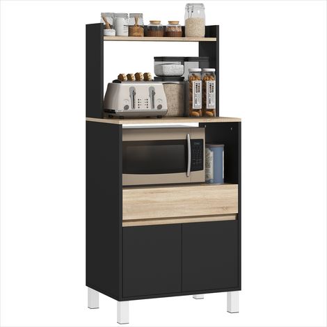 Meuble micro-ondes noir et chêne 60x40x131 cm rangement compartiment tiroir placard (1/5)