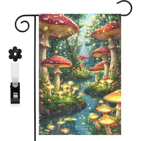 Drapeau de jardin bienvenue 30 x 45 cm motif forêt magique et champignons toile double face pour extérieur (1/5)