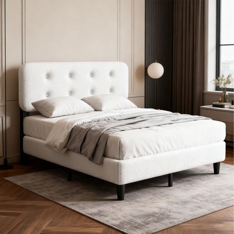 Lit 160x200 cm, Convient pour Un Matelas de 160 x 200 cm, châlit Tête de lit réglable, en Métal, Bois Massif, Moderne, tissu moutonné,blanc (1/5)