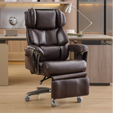 Poltrona da ufficio massaggiante 88x70x112.5 cm marrone in similpelle PU con riscaldamento, reclinabile e poggiapiedi (1/3)