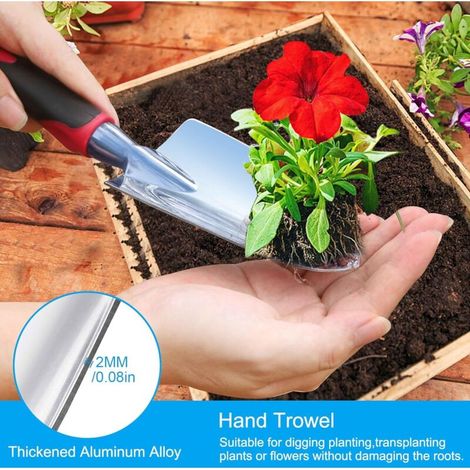 Kit de jardinage lourd en aluminium de 3 pièces comprenant une pelle à main, une pelle de transplantation et un râteau à main avec poignée antidérapante en caoutchouc souple (1/2)