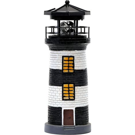 Solar Lighthouse Resin Rotating Light for Yard (Black and White)