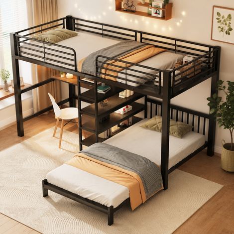 Cama alta 90x200 cm negra, con escritorio, estantes, USB y EN 747, estructura metálica, sin colchón (1/5)