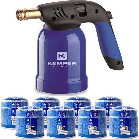 Lampe a souder Coque Acier allumage piezo + 8 Cartouches de gaz 190gr STOP GAZ Perçables KEMPER (1/5)