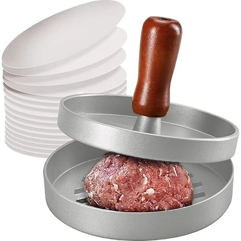 Presse à hamburger argentée 11,8 x 11,8 x 7,9 cm (1 pièce) avec 100 papiers sulfurisés Ensemble de presses à hamburger en aluminium moulé (1/5)