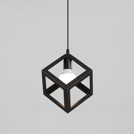 Lustre Suspensions en forme de cube, Suspension Luminaire Industrielle,Vintage Industrielle Plafonnier en Créatif Métal Base E27 Noir (1/5)