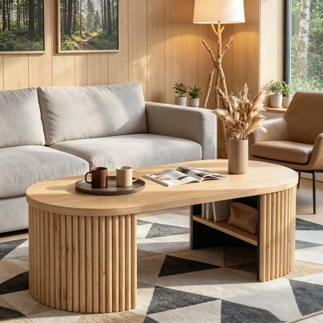 Table basse ovale en MDF, 100x50x35 cm, table de salon avec étagère de rangement, table à thé minimaliste à rainures, table d'appoint avec deux compartiments de rangement internes, table de salon à mo (1/5)
