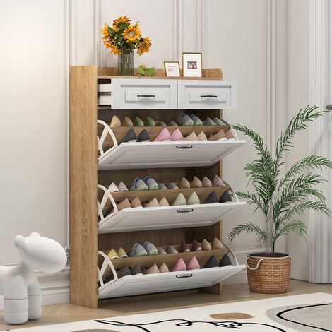 Mobile per scarpe 120 cm, con 2 cassetti e 3 ante ribaltabili, mobile per scarpe in legno, scaffale per scarpe, adatto a ingressi e soggiorni - Naturale (1/5)