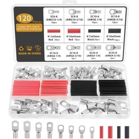 FENOPLASTICA120 Pièces Cosses à Sertir 6/10/16/25mm², 8 Tailles M6 M8, Cosses Batterie Électriques en Cuivre avec Gaines Thermorétractables (1/4)
