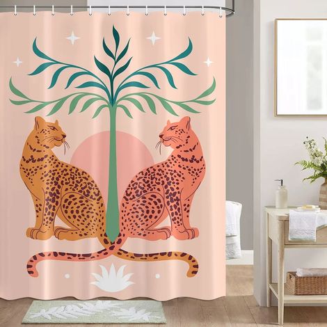 Rideau de douche bohème guépard, rideau de bain léopard tropical, rideau de salle de bain rose moderne à motif floral bleu et phases de lune, 240 x 180 cm - 94 x 70 pouces