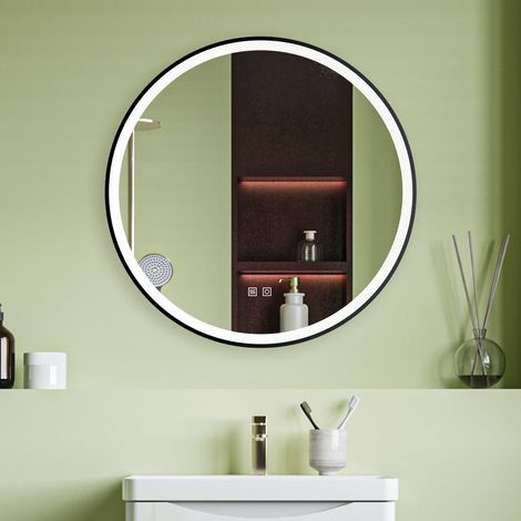 Black Framed LED Bathroom Mirror with Demister Brightness Adjustable White + Warm Lighting Memory - Round 700mm