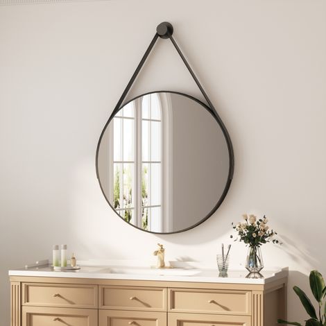 Heilmetz – Miroir mural noir 60cm – Bandoulière en cuir synthétique réglable 1,4m – Cadre en fer anti-oxydation – Surface miroitante sans distorsion (1/5)