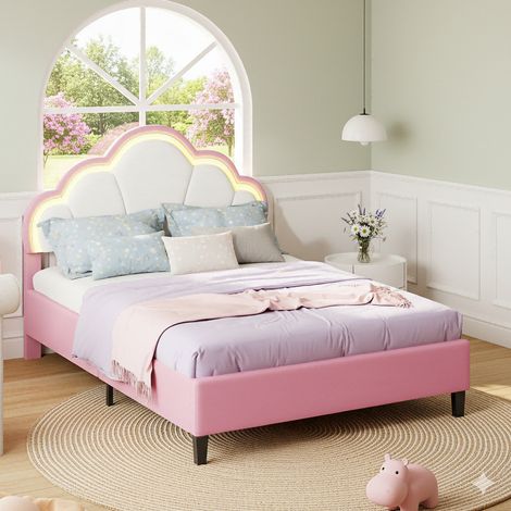 Bett 90 x 200 cm – Kinderbett 90 x 200 – Prinzessinnenbett für Mädchen mit Krone, Lattenrost, Kopfteil und verstellbaren LEDs – Samt – Rosa