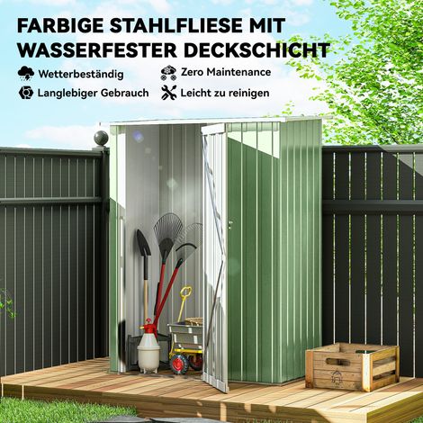 Abri de jardin en acier 1,07 m² 142x86x189 cm, cabanon à outils toit incliné, porte sécurisée, résistant aux intempéries, abri extérieur pour cour arrière vert (1/4)