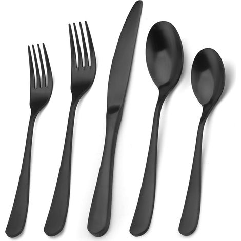 Ménagère 20 pièces en acier inoxydable noir mat, pour 4 personnes, idéale pour la maison et le restaurant, finition satinée, compatible lave-vaisselle.