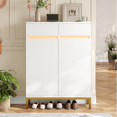 Scarpiera 80x35x103 cm, a 2 cassetti e 2 ante, ripiani regolabili, LED integrata, MDF e truciolare bianco (1/5)