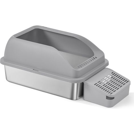 Feandrea Bac à Litière pour Chat, en Acier Inoxydable, à Bords Hauts, Dessus Ouvert, Marche, Pelle, Brosse, pour Chats Jusqu’à 15 kg, Gris Ardoise (1/5)