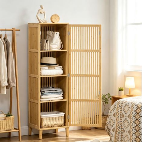 Hochschrank 40/30/140 cm aus Bambus natur mit Lamellentür und 4 Ablagen (1/5)