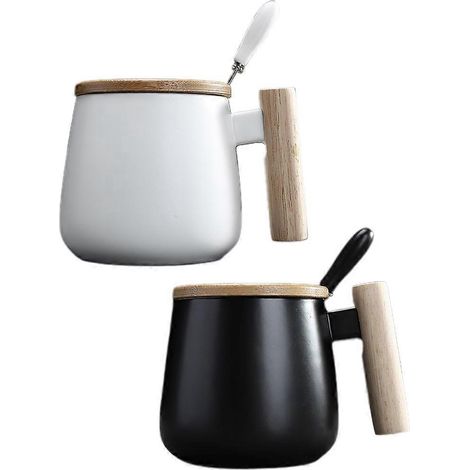 Tasse en Céramique avec Couvercle et Cuillère, Poignée en Bois pour Thé, Café ou Lait - Bureau ou Maison (1/4)