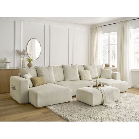 BOBOCHIC - Canapé panoramique convertible réversible coffre SIDONIE velours côtelé avec pouf Beige (1/5)