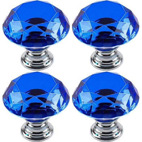 Ensemble de 4 boutons et poignées de meubles en cristal - Poignées pour armoires, penderies et tiroirs - Convient aux tiroirs de cuisine et de bureau (Bleu) (1/5)