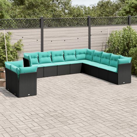vidaXL Set Divani da Giardino 11 pz con Cuscini Nero in Polyrattan