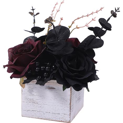 Boîte en bois Halloween Décoration intérieure thème sombre Fleurs artificielles Bordeaux Noir Style funéraire haut de gamme (1/5)