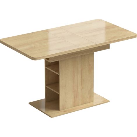 Table de salle à manger rectangulaire extensible 4-6 couverts, table de cuisine réglable 110-130 cm, 6 étagères de rangement ouvertes, bois naturel (1/5)