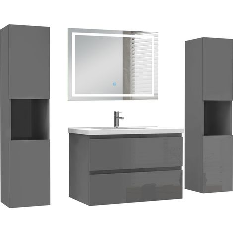 Ocean Ensemble de Meuble de salle de Bain 79cm Anthracite Haut Brillant avec Miroir LED, 2 colonnes 131.5 cm (1/5)