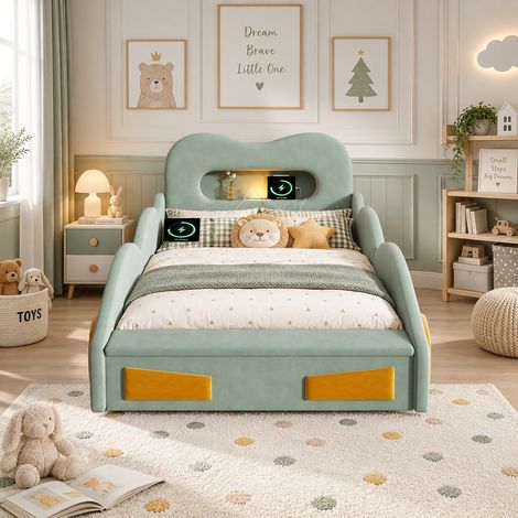 Lit voiture enfant 90x200 cm en velours avec lumière de lecture, prise USB, coffre de rangement au pied du lit et design roues - Vert (1/5)