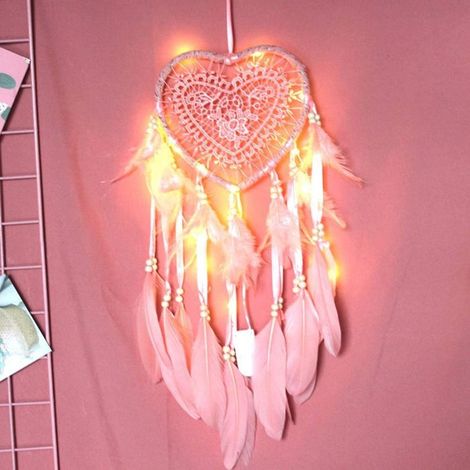 Attrape-rêves en plumes, attrape-rêves en plumes avec lumière LED, forme de cœur, plume exquise faite à la main