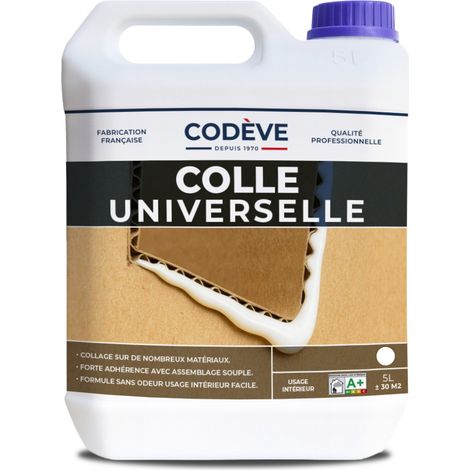 Codève Bois – Colle multi-usage 5 L – Pour cuir, tissu, bois, liège, mousse, carton – Collage souple et ininflammable – Prêt à l'emploi pour 6 à 9 m2/l