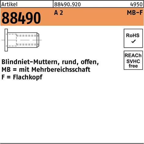 ART 88490 Blindnietmutter A 2 Flachkopf M 6 / 0,5 - 6,0 S 250 Stk