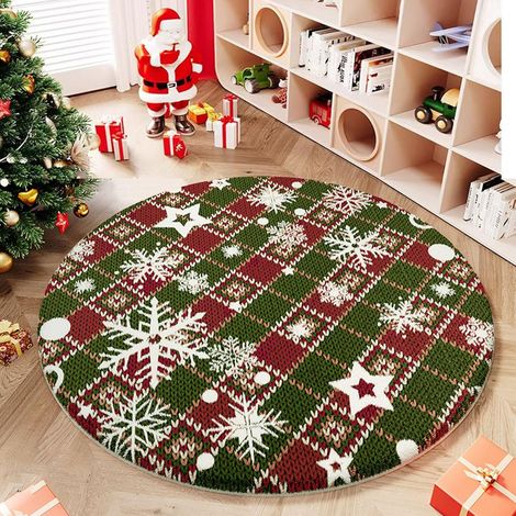 Sollbry Alfombra redonda navideña, peluda y navideña, para salón o dormitorio, con estampado navideño, de pelo corto, antideslizante, suave y esponjosa (100 cm, copo de nieve) (1/5)