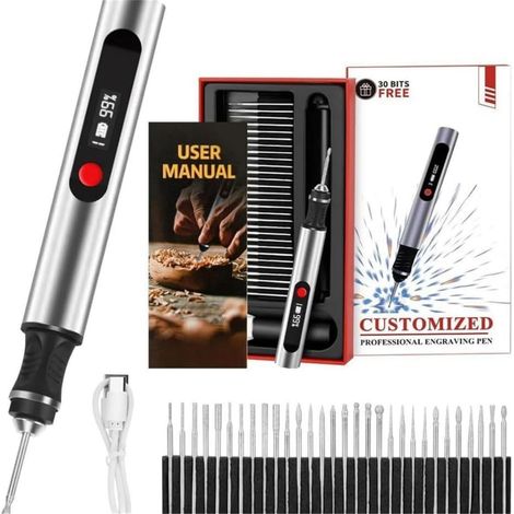 Gravion Stylo Graveur Électrique de Précision Bois, Le outil gravure rotatif rechargeable avec 30 pointes et 16 gabarits, Idéal Débutants & Cadeau Créatif -