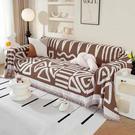 Housse de canapé d'angle en chenille marron, 3 places, avec glands décoratifs, anti-rides, style bohème, 180x340 cm. (1/5)