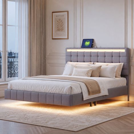 Cama de matrimonio 140x200 cm, cama flotante con efecto suspendido, LED y USB, cabecero tapizado ajustable, tela de lino, somier de láminas, Gris (1/5)