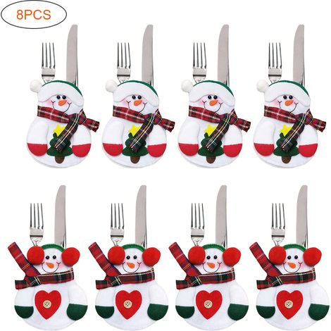 Lot de 8 pochettes couverts bonhomme de neige, housses de couverts Noël, décoration de table hivernale (1/5)