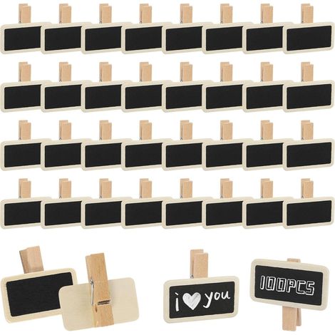 Lot de 100 mini tableaux à linge en bois avec clip pour tableau noir - Petites pinces pour accrocher des photos, des mémo, des notes ou des étiquettes alimentaires (1/5)